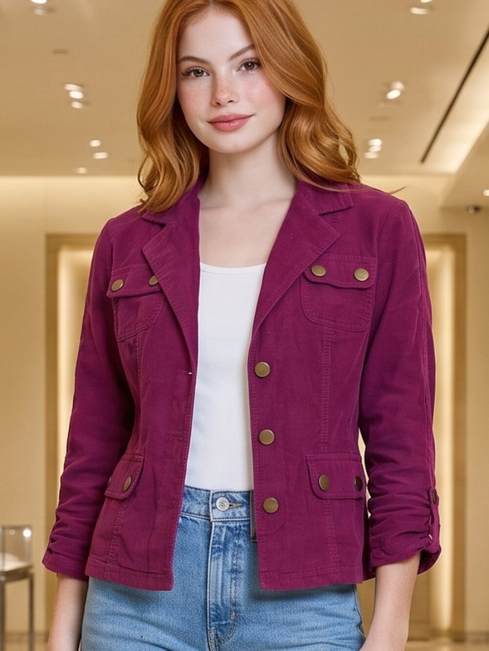 XCVI Wearables Folksy Corduroy Jacket Sz Small Purple Ruched 3/4 Sleeves NWT!